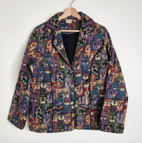 Parsley & Sage Colorful Cat Tapestry Blazer Jacket Large Grannycore Cottagecore - Picture 3 of 12